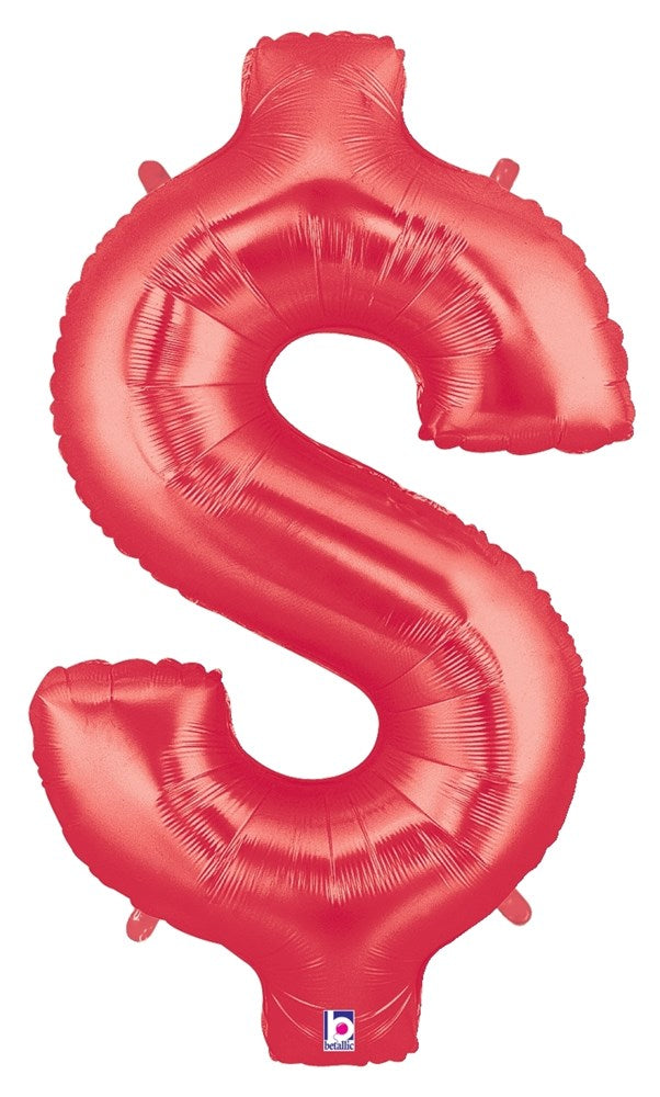 Red foil balloon shaped like a dollar sign, 34 inches tall, shiny metallic finish.