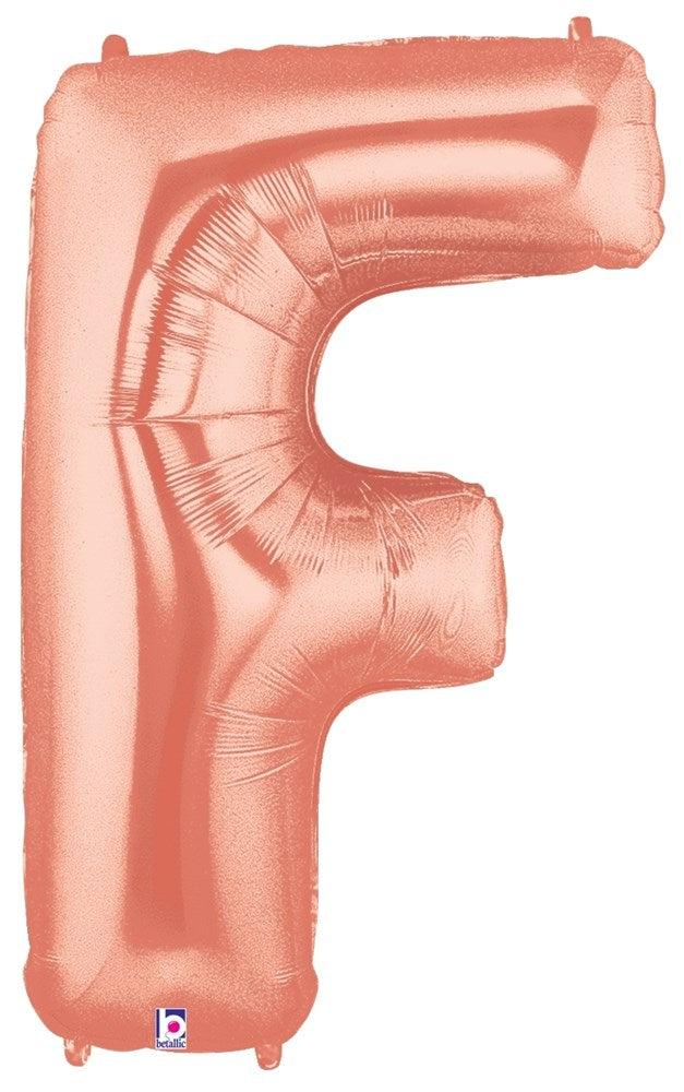 Rose gold foil balloon shaped as the letter F, 34 inches tall, shiny metallic finish.