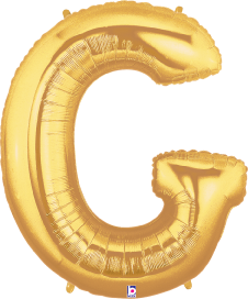 Gold foil balloon shaped like the letter G, shiny metallic finish, 34 inches tall.