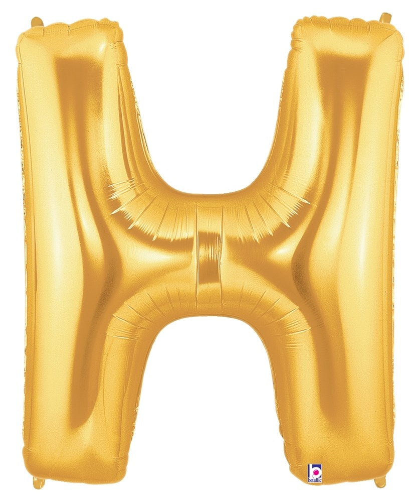 34-inch gold foil balloon shaped as the letter H with a shiny metallic finish.