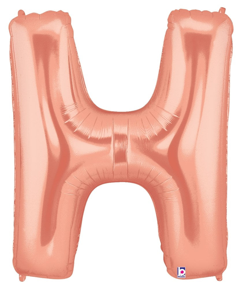 34-inch rose gold foil balloon in the shape of the letter H with a shiny metallic finish.