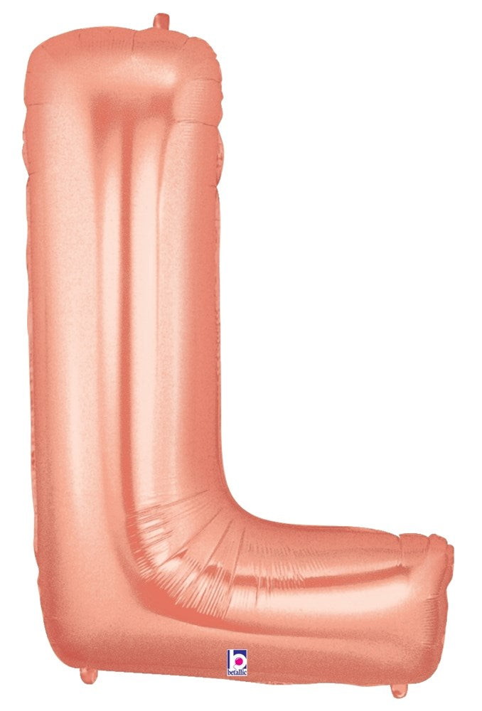 Rose gold metallic foil balloon shaped as the letter L, 34 inches tall, shiny surface.
