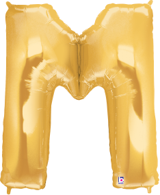 34-inch gold foil balloon shaped as the letter M with a shiny metallic finish.