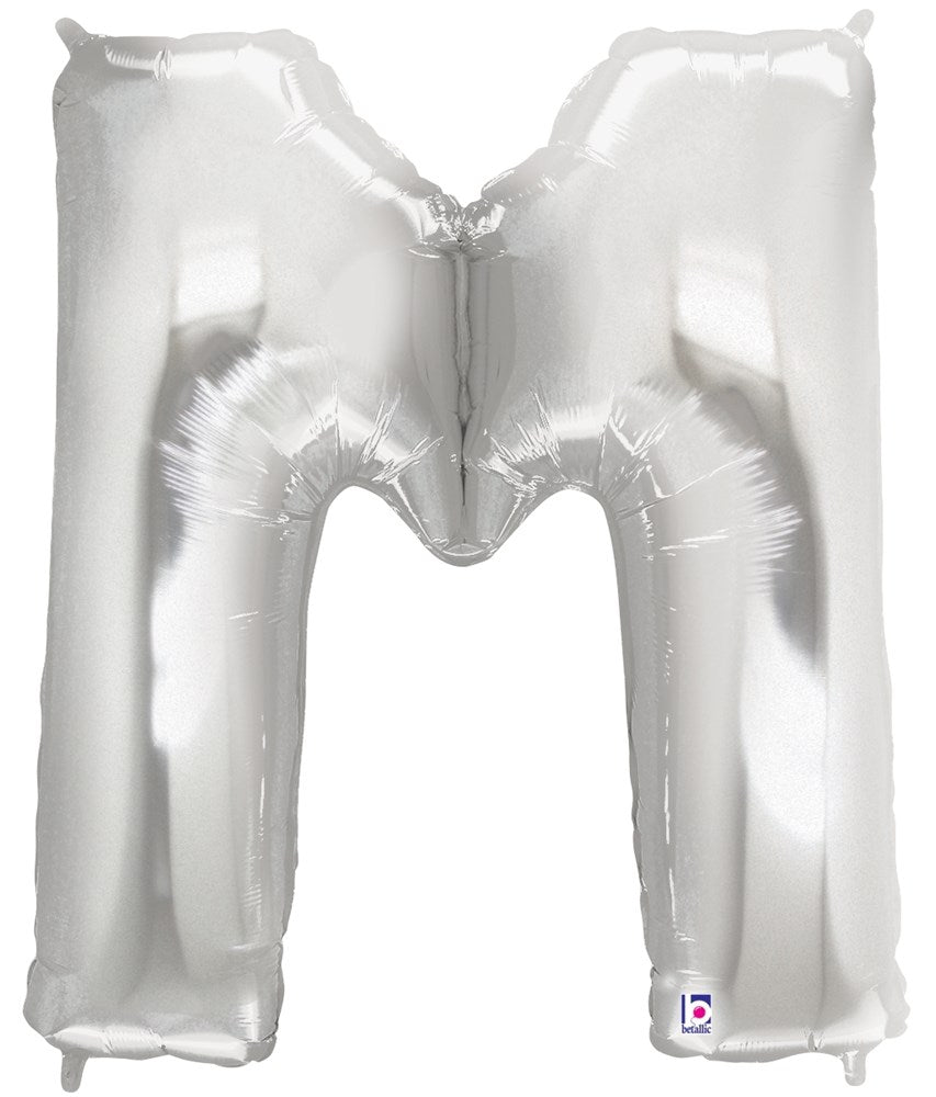 Globo de aluminio con forma de Betallic M Silver de 34 pulgadas en bolsa de polietileno, 1 unidad