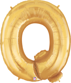 Gold foil balloon shaped as the letter Q, 34 inches tall with a shiny metallic finish.