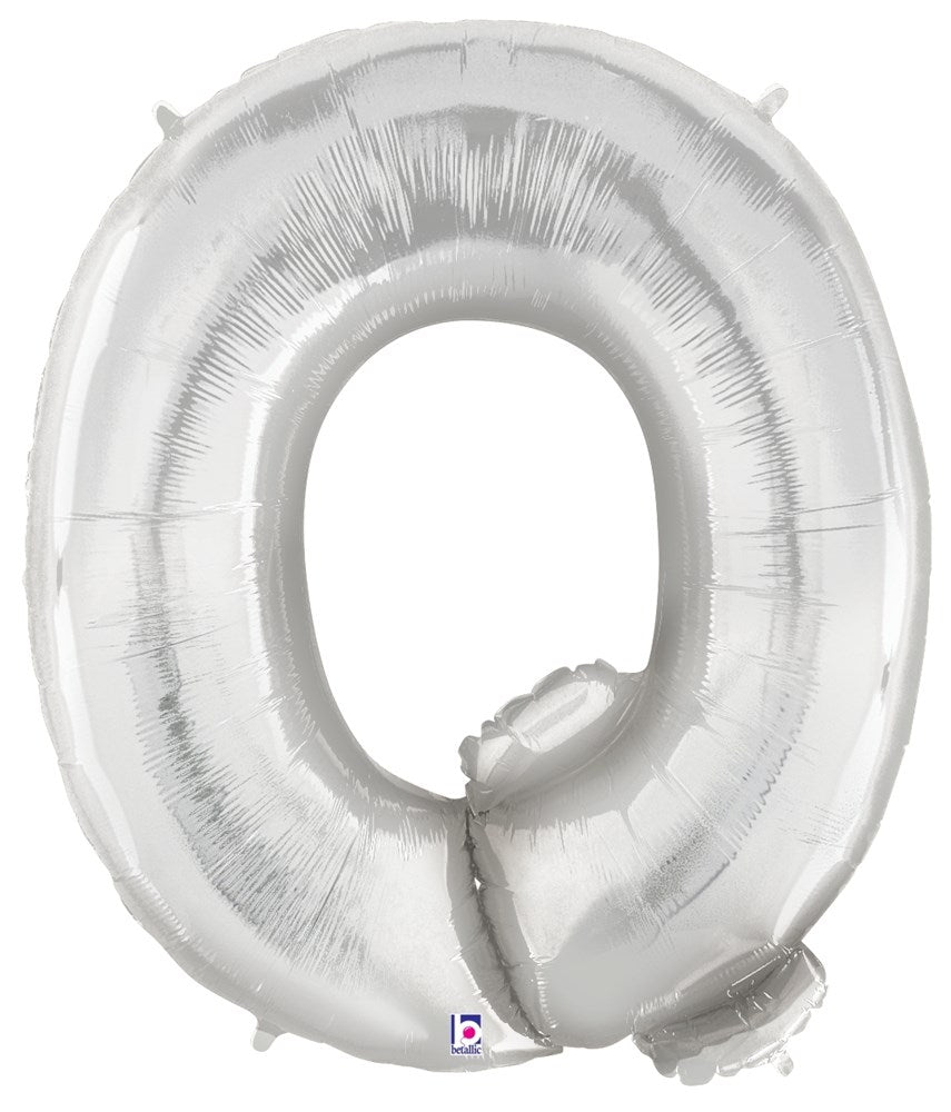 34-inch silver foil balloon shaped like the letter Q with a shiny metallic finish.