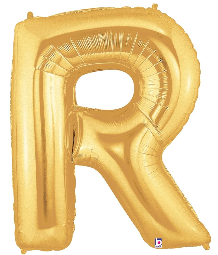 34-inch gold foil balloon shaped like the letter R with a shiny metallic finish.