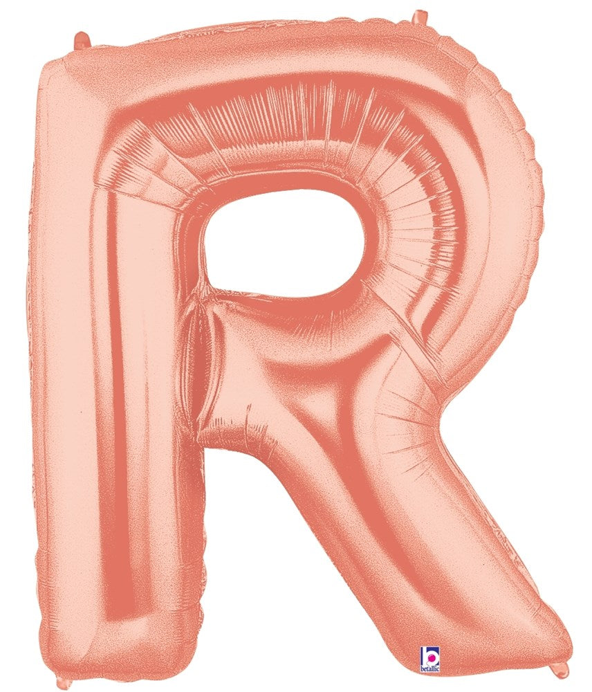 Rose gold foil balloon shaped like the letter R, 34 inches tall, shiny metallic finish.