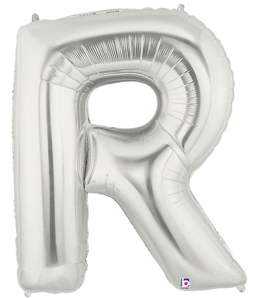 34-inch silver foil balloon shaped as the letter R with glossy finish.