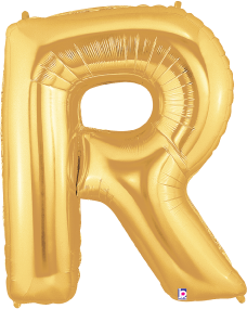 Gold foil balloon shaped like the letter R, shiny metallic finish, 34 inches tall.