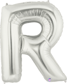 Silver foil balloon shaped as the letter R, 34-inch, shiny and metallic finish.