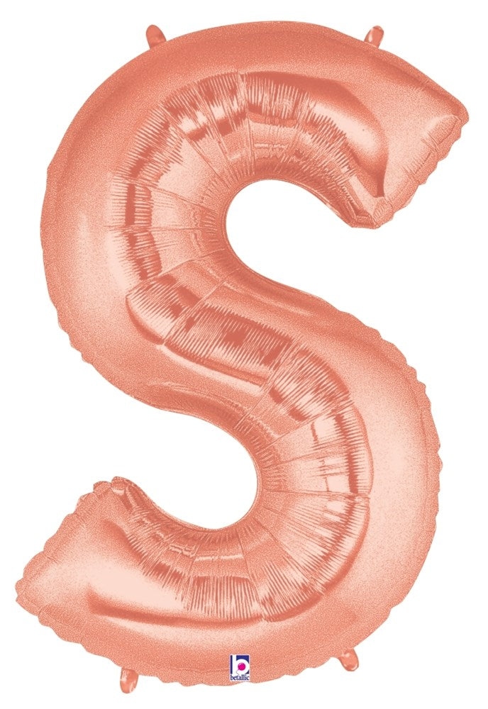 Rose gold metallic foil balloon shaped as the letter S, 34 inches tall, inflated.