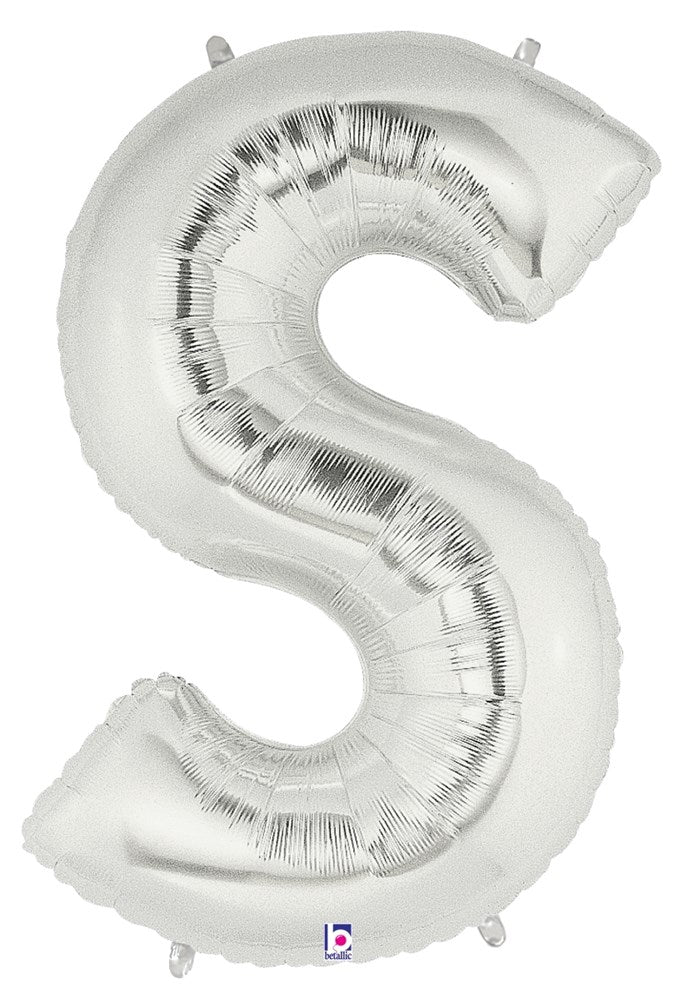 34-inch silver foil balloon shaped like the letter S with a metallic finish.