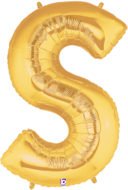 Gold foil balloon shaped like the letter S, shiny metallic finish, 34 inches tall.