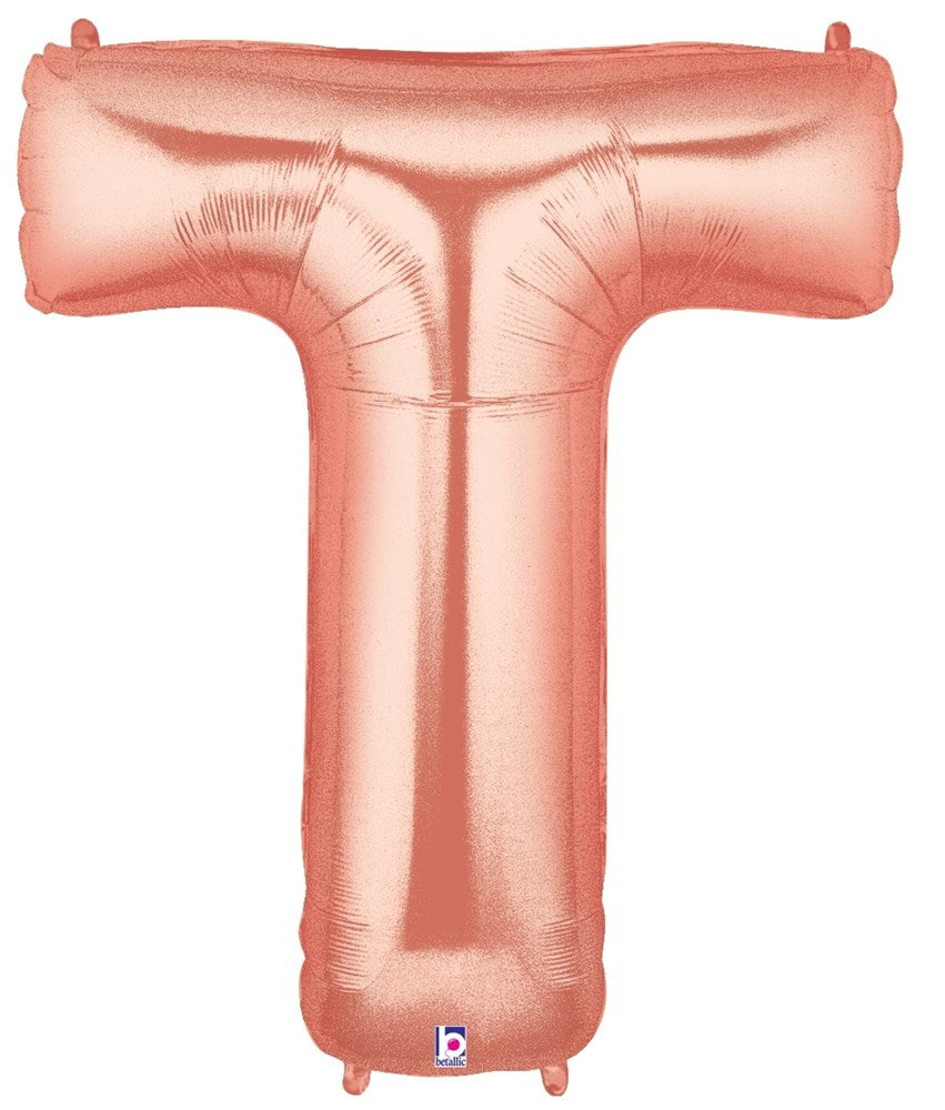 Shiny rose gold foil balloon shaped as the letter T, 34 inches tall, with a smooth metallic surface.