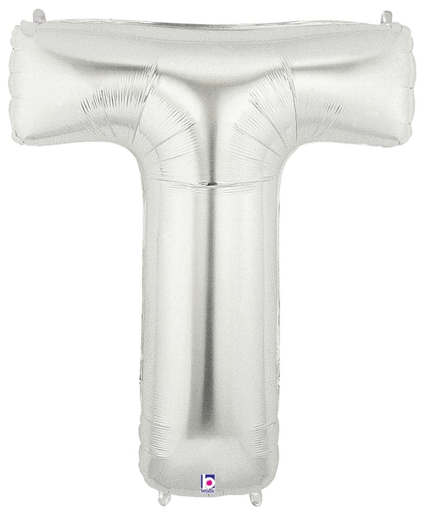 34-inch silver foil balloon shaped like the letter T with a shiny metallic finish.