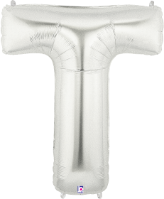 Silver foil balloon shaped like the letter T, 34 inches tall with a metallic finish.