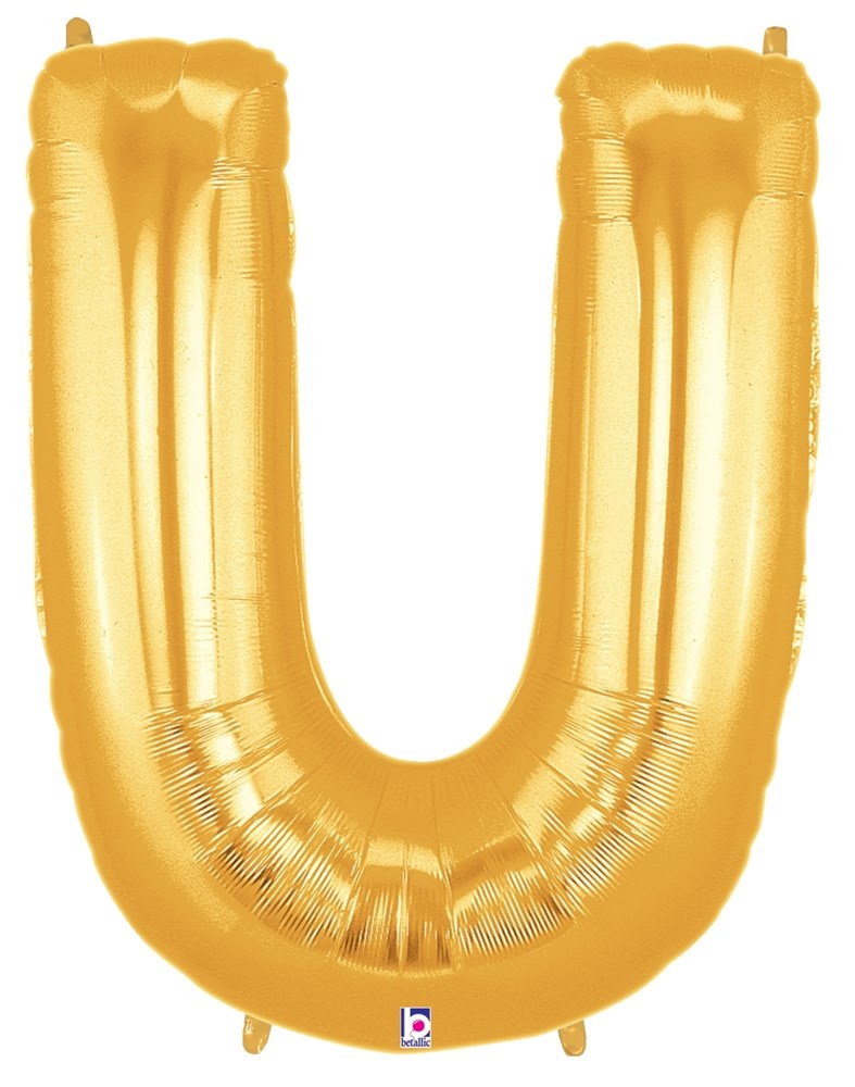 34-inch gold foil balloon shaped like the letter U with a shiny metallic finish.