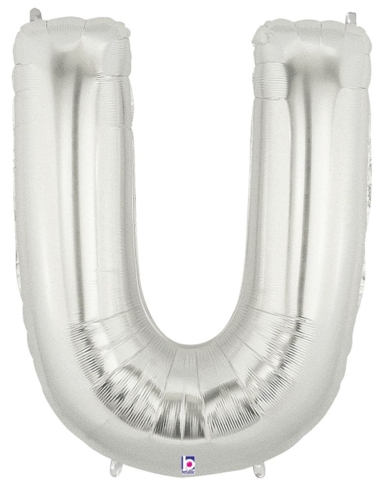 Silver foil balloon shaped like the letter U, 34 inches tall, shiny metallic finish.