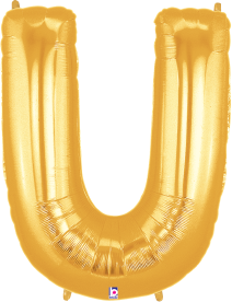 Gold foil balloon shaped like the letter U, shiny metallic finish, 34 inches tall.
