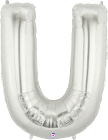 Silver foil balloon shaped like the letter U, 34 inches tall with a shiny metallic finish.