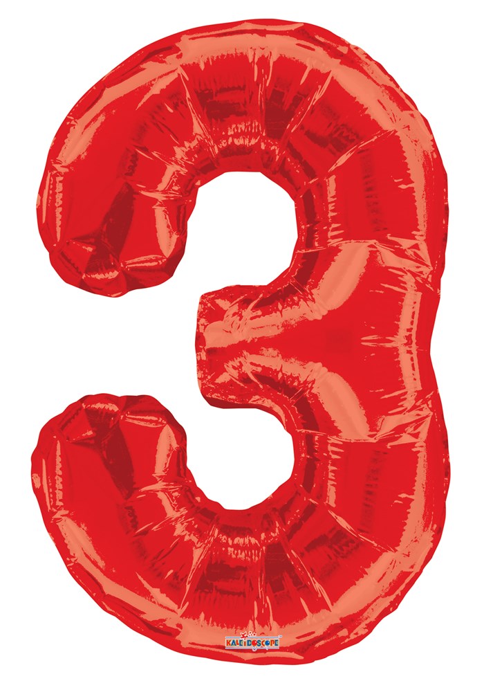 Shiny red foil balloon shaped as the number 3, inflated and glossy with visible creases and edges.