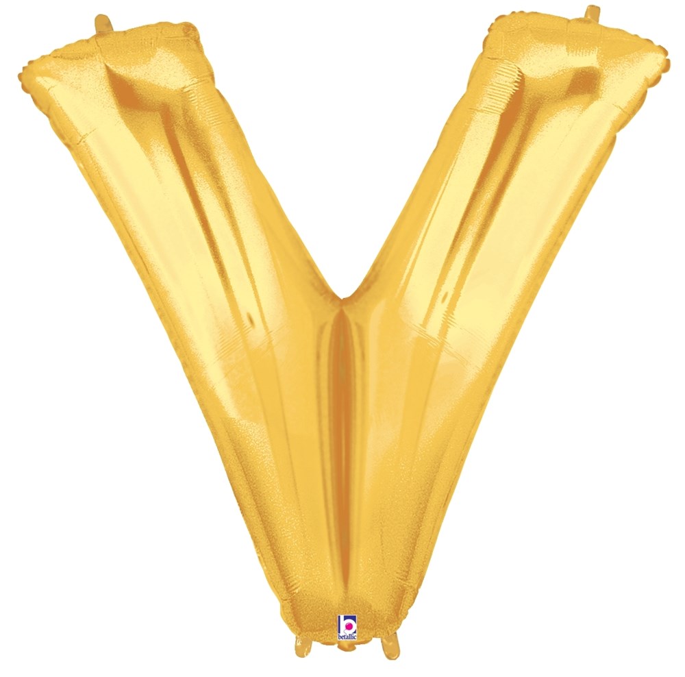 34-inch gold foil balloon shaped like the letter V with shiny metallic finish.