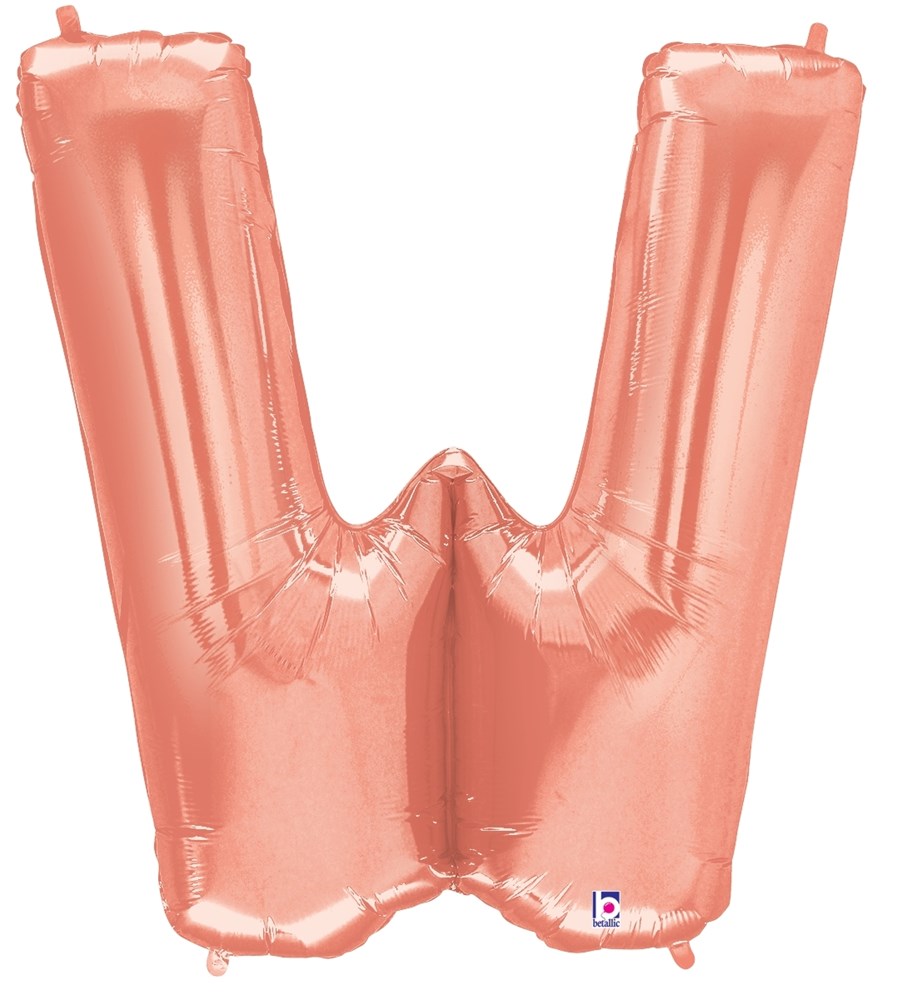 34-inch rose gold foil balloon shaped like the letter W with a shiny metallic finish.