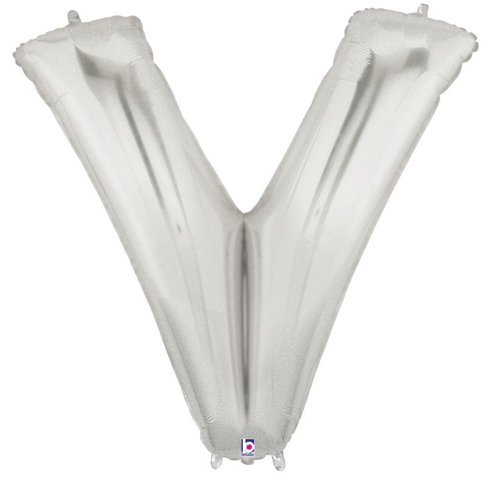 34-inch silver foil balloon shaped like the letter V with a shiny metallic finish.