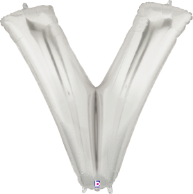 Silver metallic foil balloon shaped as the letter V, 34 inches tall, inflated and shiny.