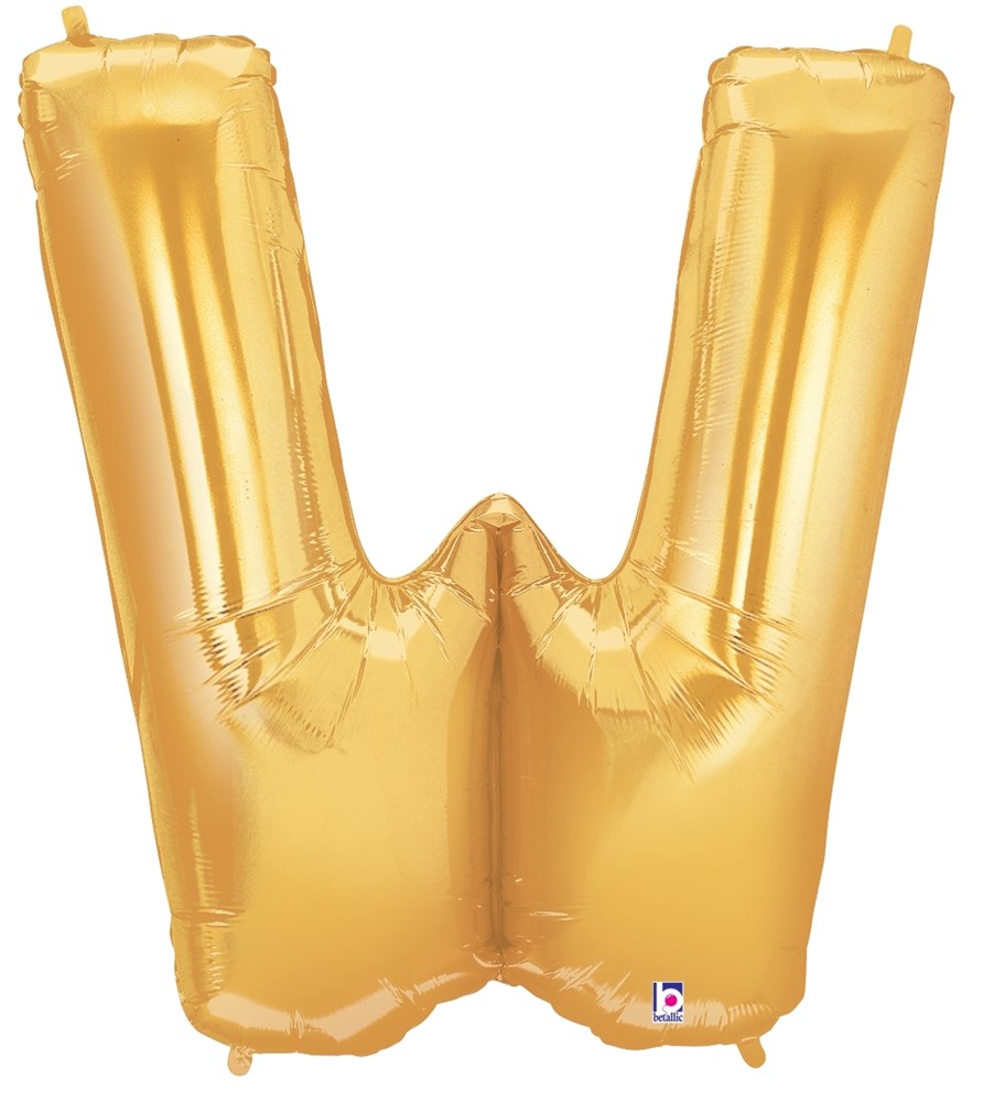 34-inch gold foil balloon shaped like the letter W with slight shine and sealed top tabs.