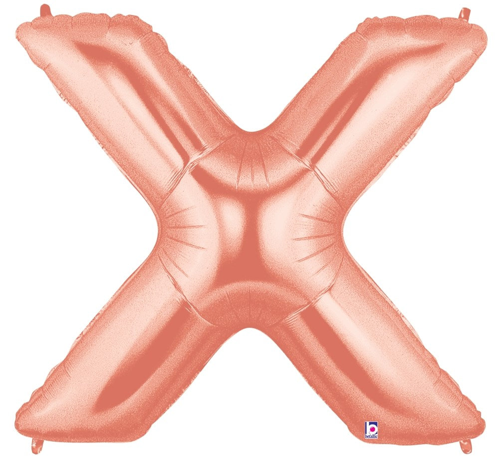 Rose gold metallic foil balloon shaped as the letter X, 34 inches tall, shiny finish.