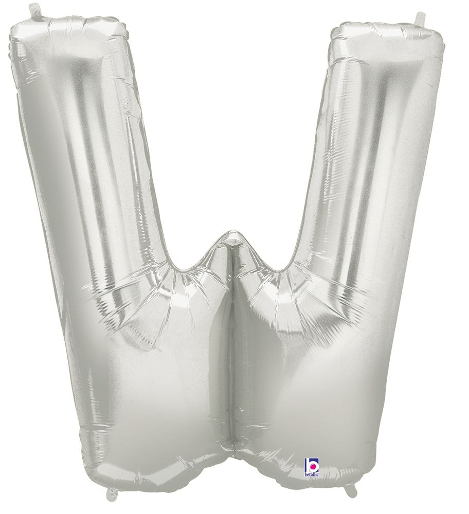34-inch silver foil balloon shaped like the letter W with a shiny metallic finish.