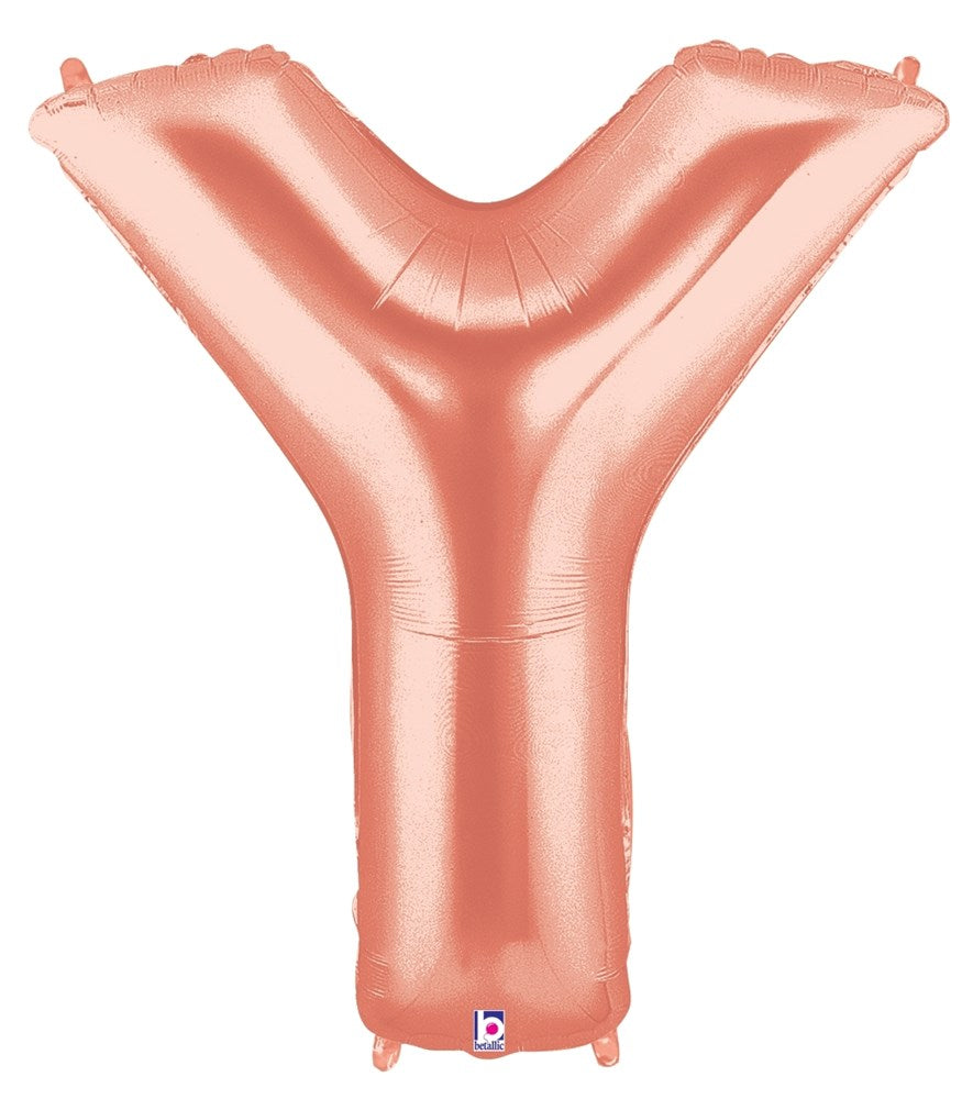 Rose gold foil balloon shaped like the letter Y, 34 inches tall, shiny metallic finish.
