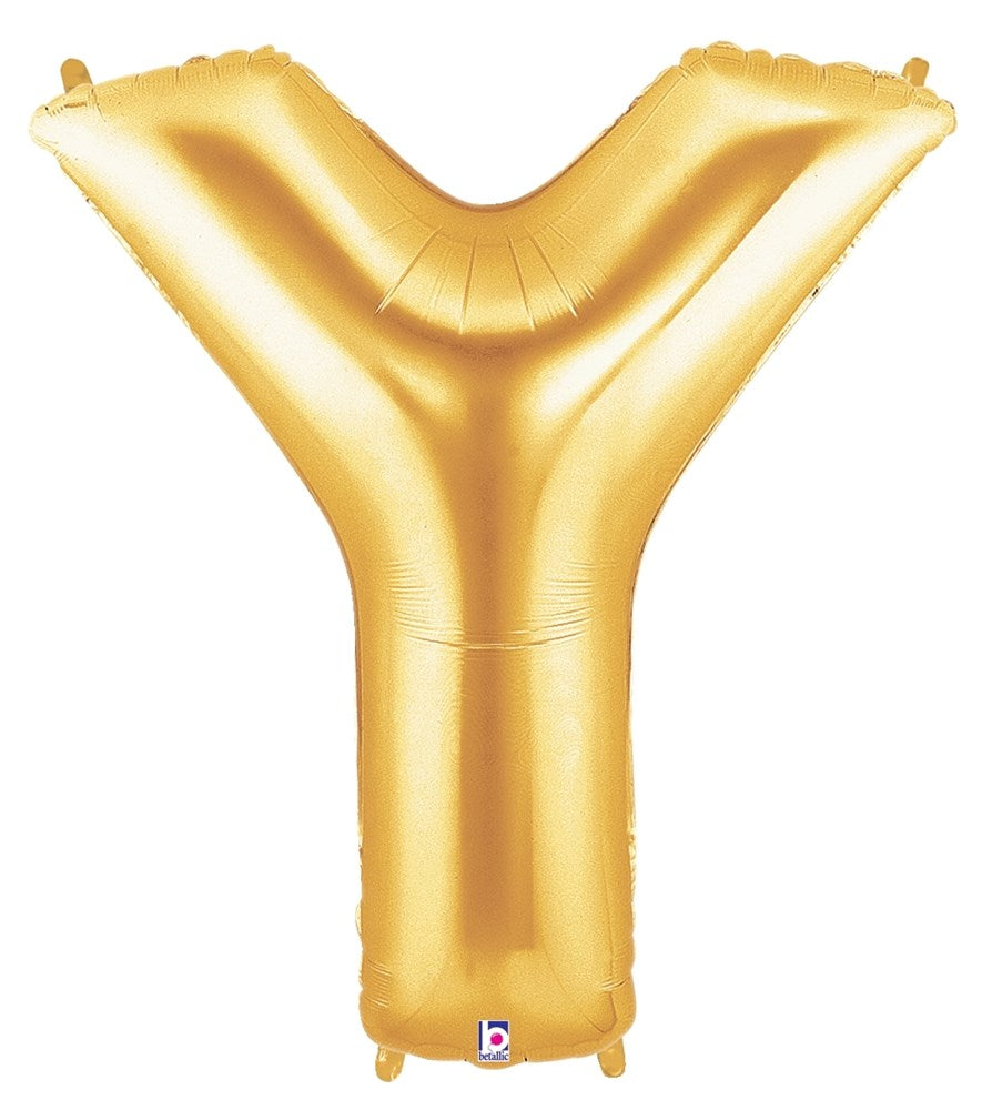 Gold metallic foil balloon shaped like the letter Y, 34 inches tall, shiny surface.