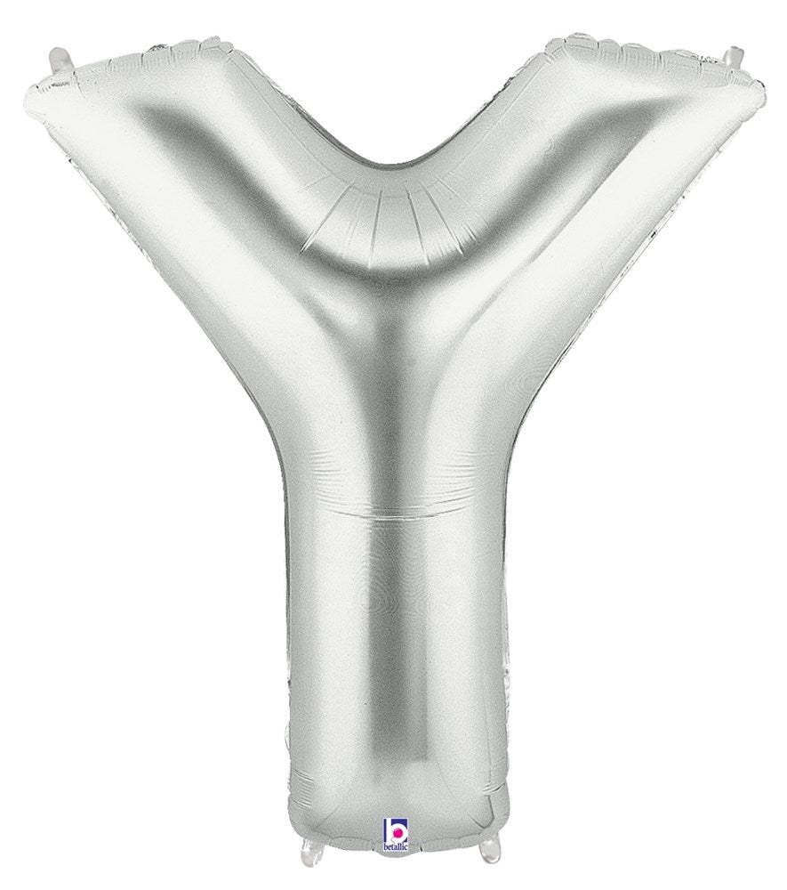 Silver foil balloon in the shape of the letter Y, 34 inches tall, shiny metallic finish.