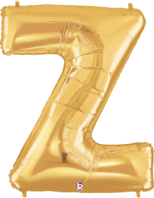 Gold foil balloon shaped like the letter Z, 34 inches tall, shiny metallic finish.