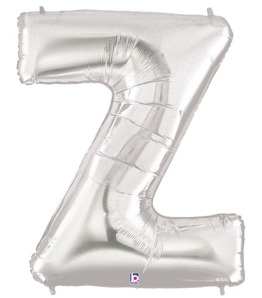 Silver foil balloon in the shape of the letter Z with a shiny metallic finish, 34 inches tall.