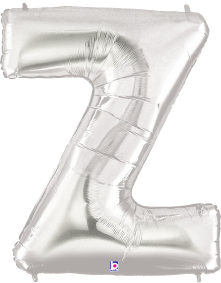 Silver metallic foil balloon in the shape of the letter Z, 34 inches tall, shiny surface.