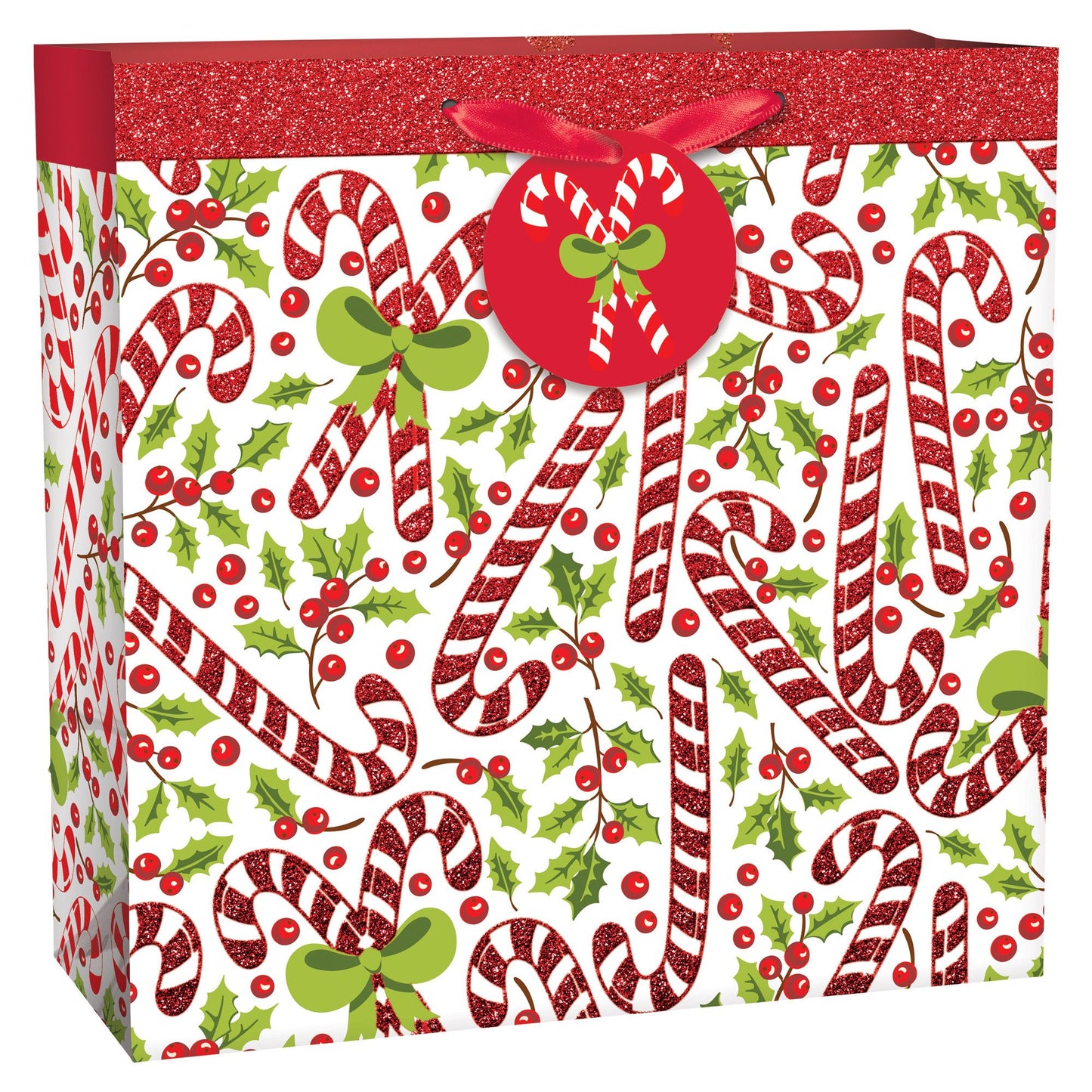 Large square Christmas gift bag with red and white candy cane pattern, green holly, and red ribbon handle.