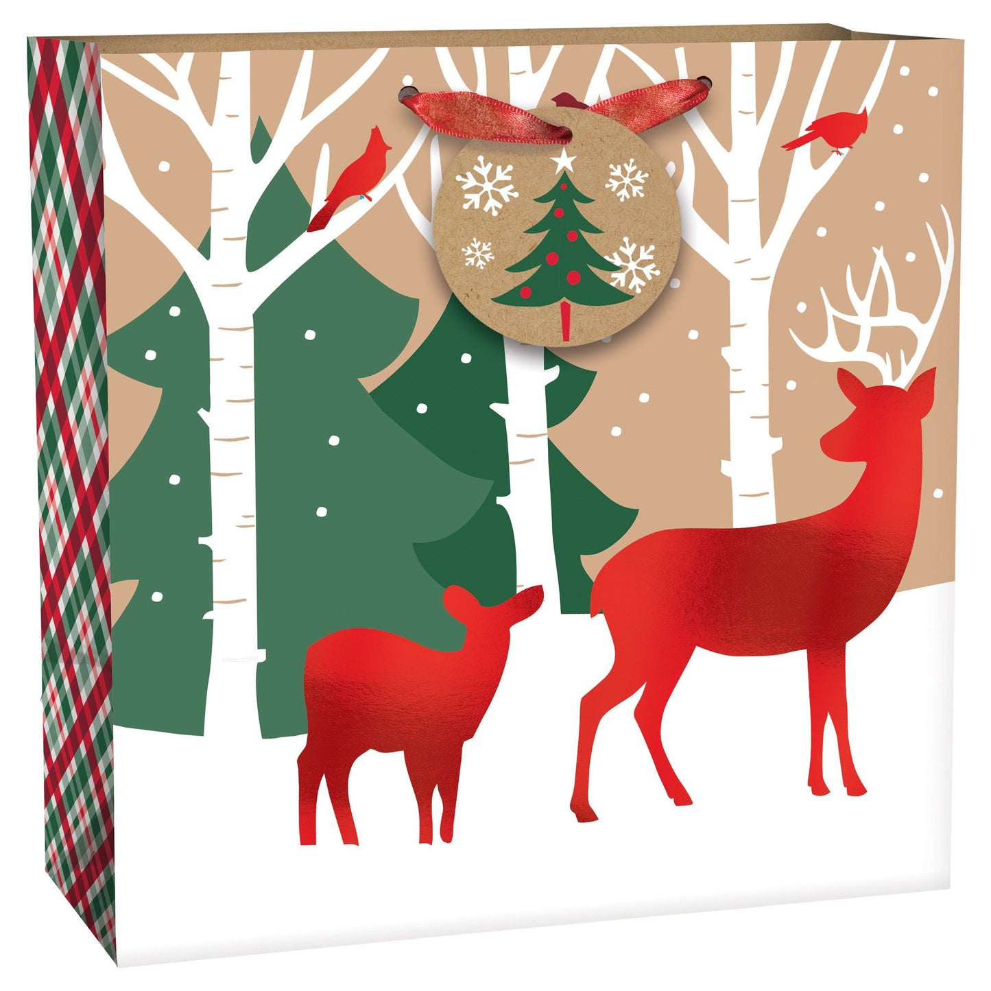 Large square Christmas gift bag with red deer, white birch trees, green pines, and plaid sides.