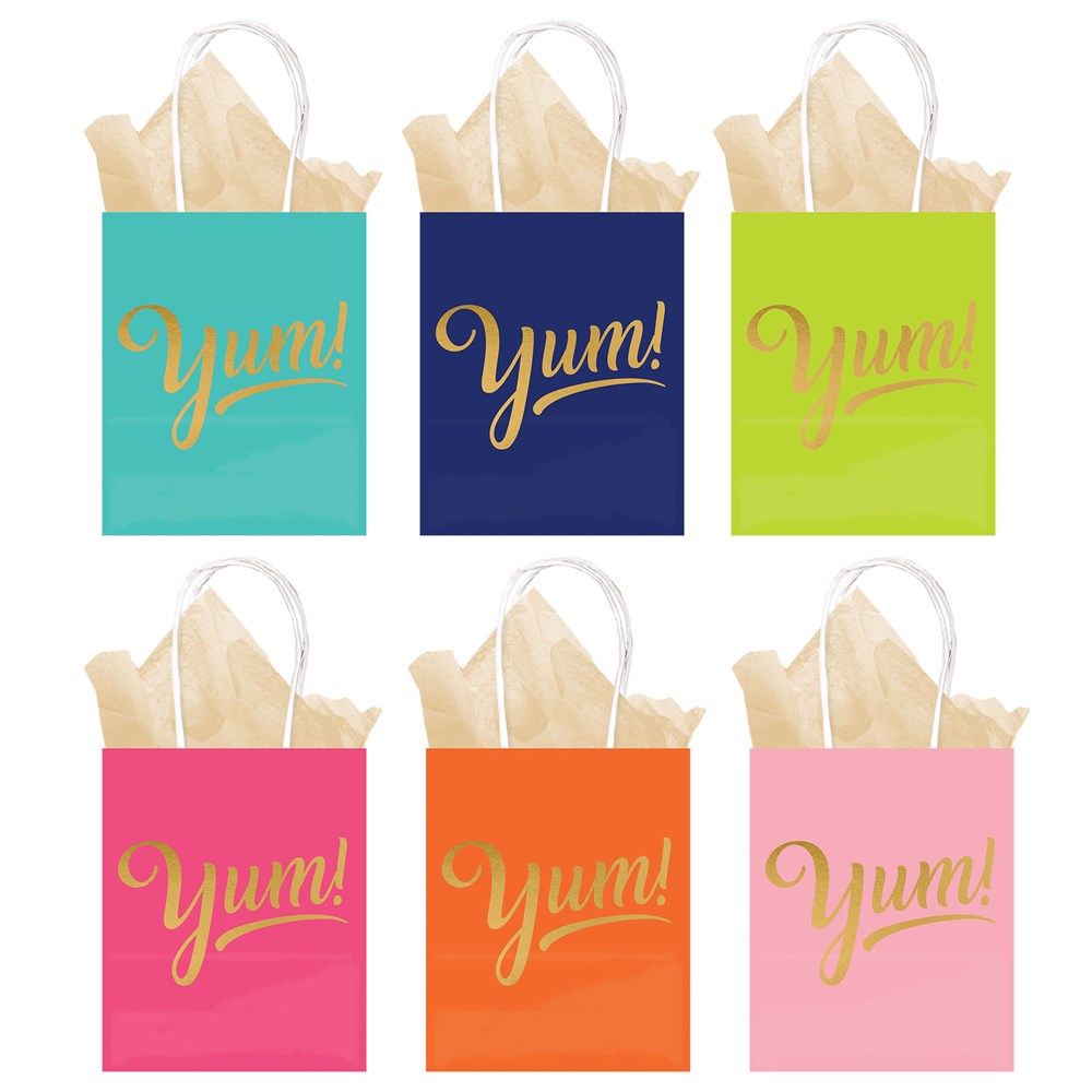 Set of six colorful kraft paper treat bags with white twisted handles and gold "Yum!" text on front.