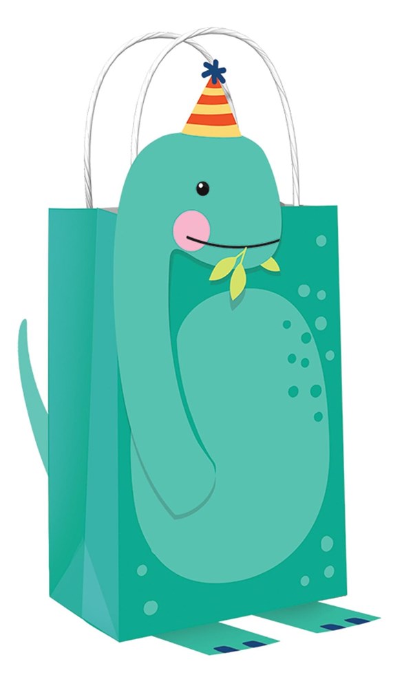 Teal party favor bag shaped like a smiling dinosaur wearing an orange party hat with stripes and pom-pom.