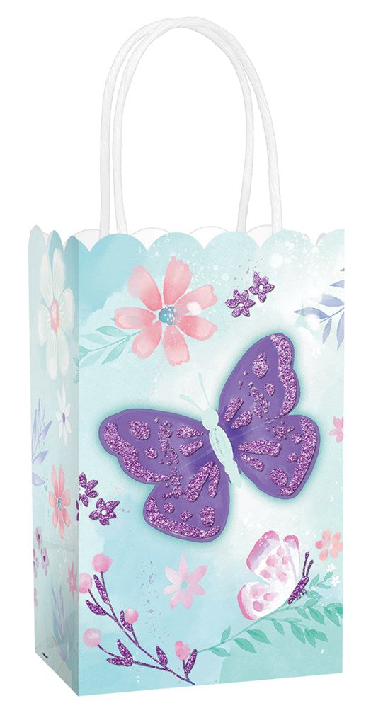 Light blue small gift bag with scalloped edges, decorated with pink and purple flowers and a large purple glitter butterfly,