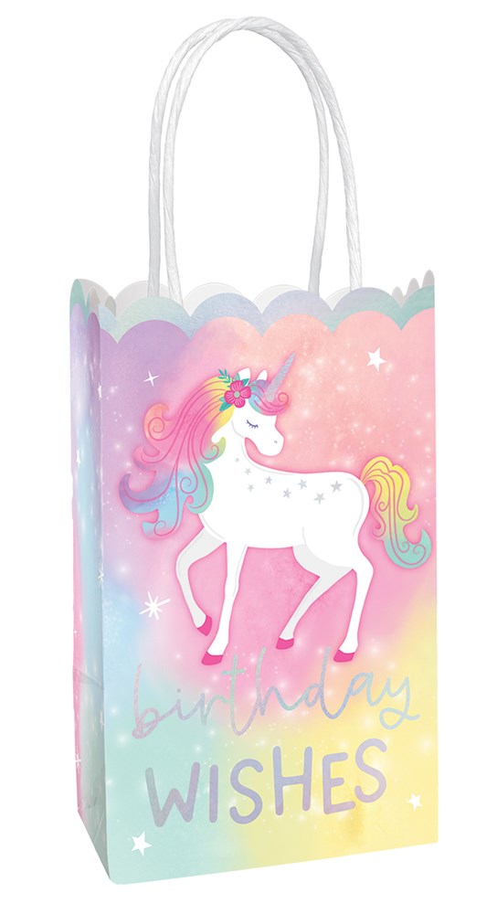 Small pastel gradient party bag with scalloped top, white unicorn graphic, glitter details, and "birthday wishes" text.
