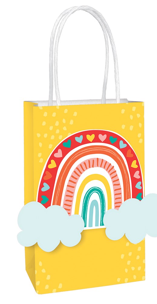 Yellow paper gift bag with colorful retro rainbow and heart design, white twisted handles, and blue cloud accents at the.