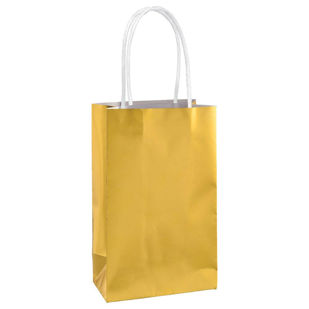 Small gold paper gift bag with glossy finish and white twisted handles.
