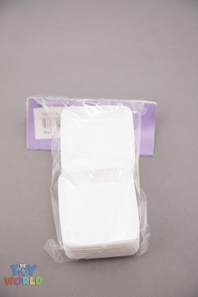 Stack of 24 white rectangular mini dessert plates in clear plastic packaging with a purple label.