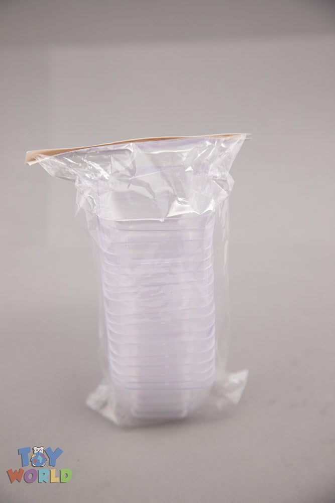 Stack of clear, small plastic dessert bowls, round with smooth sides, sealed in plastic wrap.