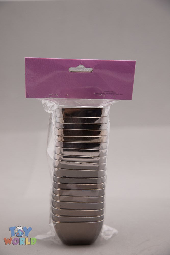 Stack of shiny silver mini dessert bowls with smooth edges, packaged in clear plastic wrap.